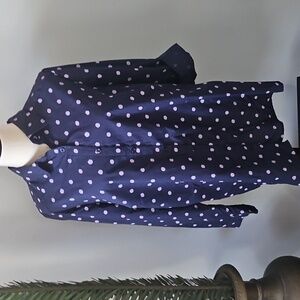 Roaman's Navy and Lavendar Polka Dot Button Down Blouse